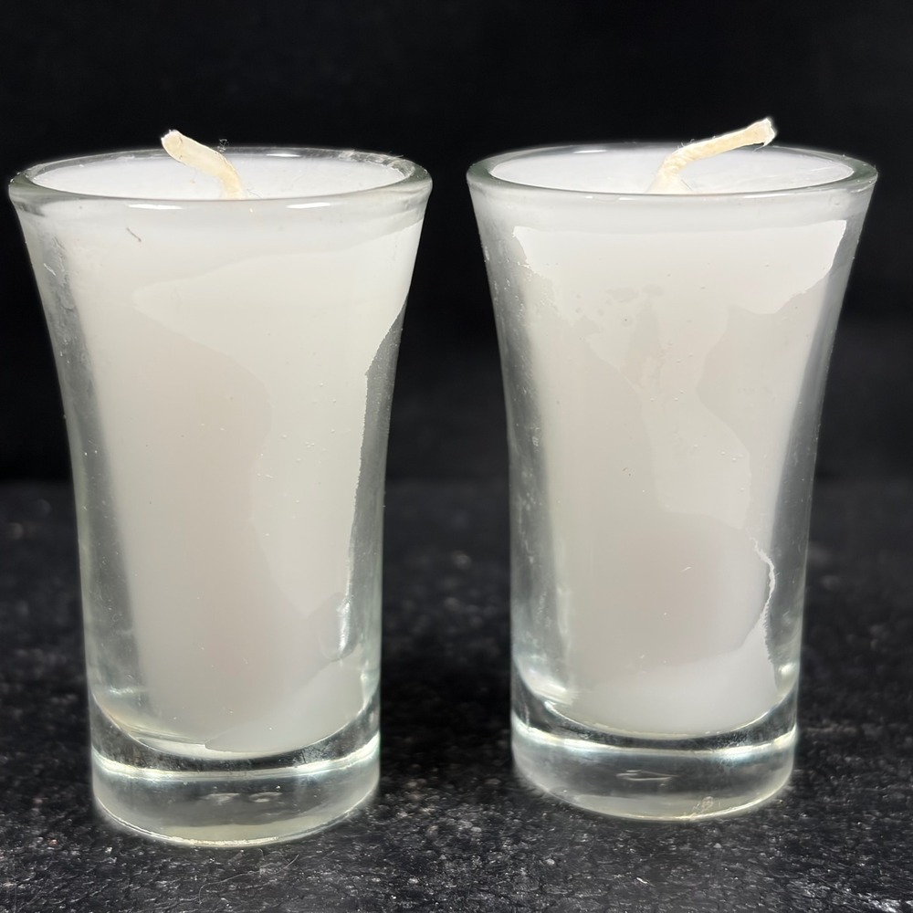 Vintage White Votive Candles in Flared Glass Shot Glass Holders Set of 2